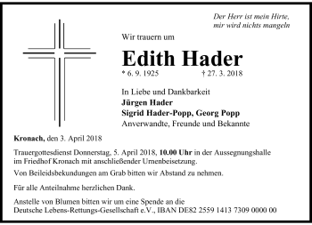 Traueranzeige von Edith Hader von Neue Presse Coburg