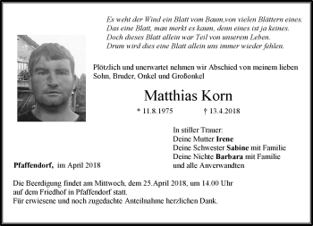 Traueranzeige von Matthias Korn von Neue Presse Coburg