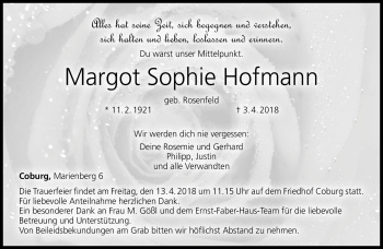 Traueranzeige von Margot Sophie Hofmann von Neue Presse Coburg