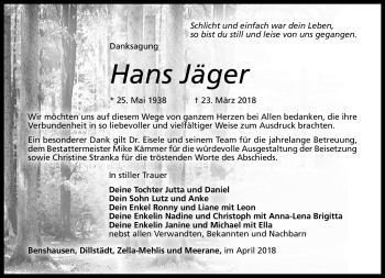Traueranzeige von Hans Jäger von Südthüringer Presse