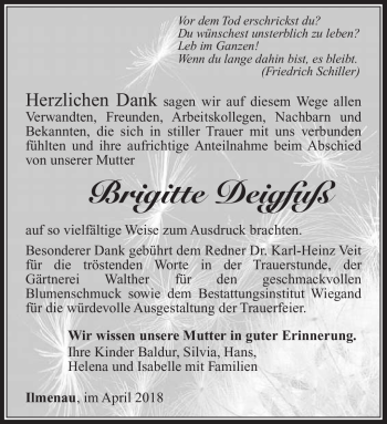 Traueranzeige von Brigitte Deigfuß von Südthüringer Presse