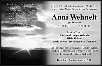 Traueranzeige von Anni Wehnelt von Südthüringer Presse