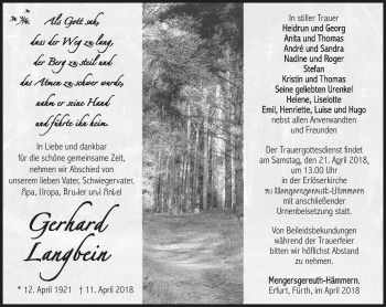 Traueranzeige von Gerhard Langbein von Südthüringer Presse