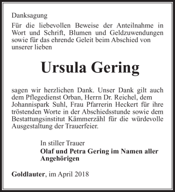 Traueranzeige von Ursula Gering von Südthüringer Presse