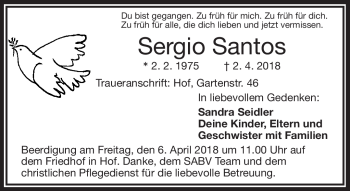 Traueranzeige von Sergio Santos von Frankenpost