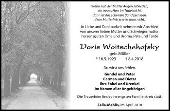 Traueranzeige von Doris Woitschehofsky von Südthüringer Presse