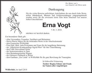 Traueranzeige von Erna Vogt von Südthüringer Presse