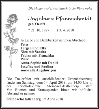 Traueranzeige von Ingeburg Pfannschmidt von Südthüringer Presse