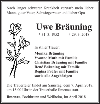 Traueranzeige von Uwe Bräuning von Südthüringer Presse
