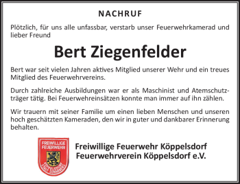Traueranzeige von Bernd Ziegenfelder von Südthüringer Presse