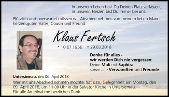 Traueranzeige von Klaus Fertsch von Neue Presse Coburg