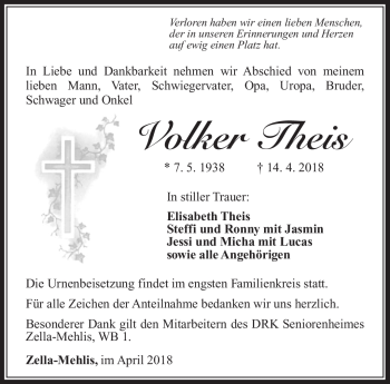 Traueranzeige von Volker Theis von Südthüringer Presse