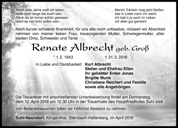 Traueranzeige von Renate Albrecht von Südthüringer Presse