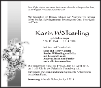 Traueranzeige von Karin Wölkerling von Südthüringer Presse