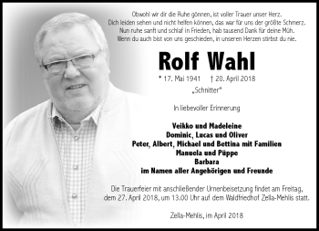 Traueranzeige von Rolf Wahl von Südthüringer Presse