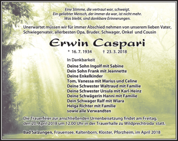 Traueranzeige von Erwin Caspari von Südthüringer Presse