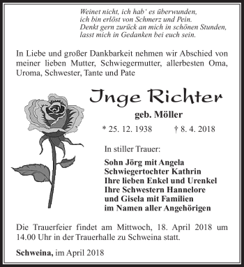 Traueranzeige von Inge Richter von Südthüringer Presse