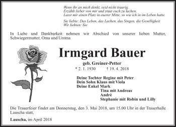 Traueranzeige von Irmgard Bauer von Südthüringer Presse