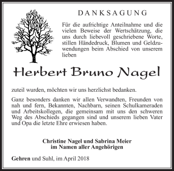 Traueranzeige von Herbert Bruno Nagel von Südthüringer Presse