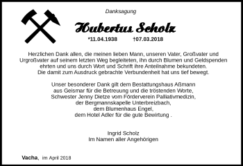 Traueranzeige von Hubertus Scholz von Südthüringer Presse