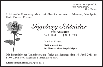 Traueranzeige von Ingeborg-Luise Schleicher von Südthüringer Presse