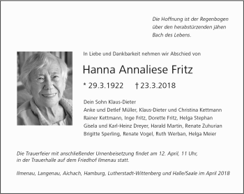 Traueranzeige von Hanna Annaliese Fritz von Südthüringer Presse