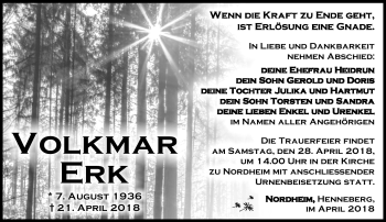 Traueranzeige von Volkmar Erk von Südthüringer Presse