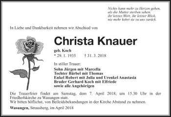 Traueranzeige von Christa Knauer von Südthüringer Presse