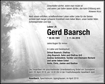 Traueranzeige von Gerd Baarsch von Südthüringer Presse