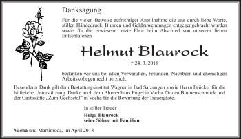 Traueranzeige von Helmut Blaurock von Südthüringer Presse