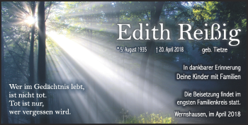 Traueranzeige von Edith Reißig von Südthüringer Presse