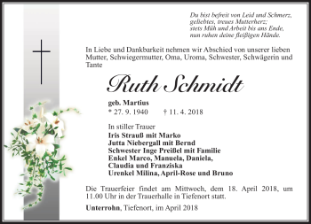 Traueranzeige von Ruth Schmidt von Südthüringer Presse