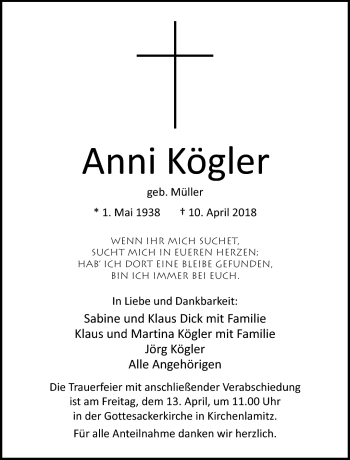 Traueranzeige von Anni Kögler von Frankenpost