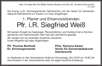 Traueranzeige von Siegfried Weiß von Frankenpost