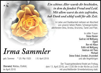 Traueranzeige von Irma Sammler von Südthüringer Presse
