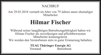 Traueranzeige von Hilmar Fischer von Südthüringer Presse
