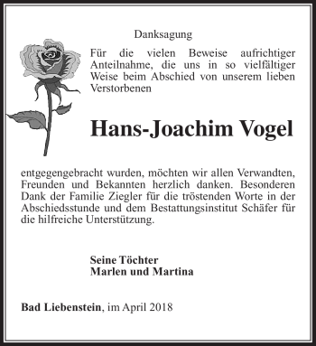 Traueranzeige von Hans-Joachim Vogel von Südthüringer Presse