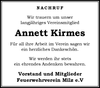 Traueranzeige von Annett Kirmes von Südthüringer Presse