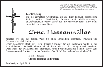 Traueranzeige von Erna Hessenmüller von Südthüringer Presse