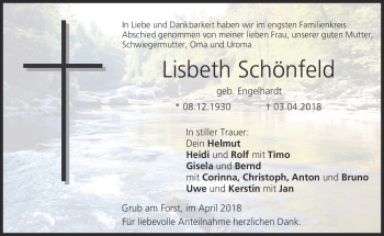 Traueranzeige von Lisbeth Schönfeld von Neue Presse Coburg
