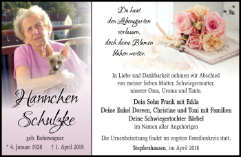 Traueranzeige von Hannchen Schulzke von Südthüringer Presse