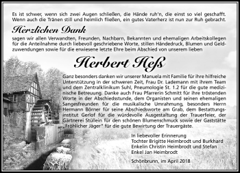 Traueranzeige von Herbert Heß von Südthüringer Presse