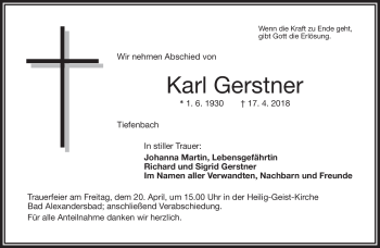 Traueranzeige von Karl Gerstner von Frankenpost