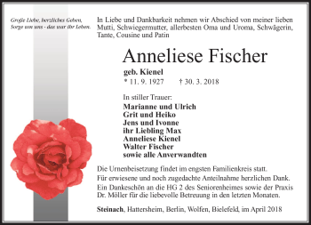 Traueranzeige von Anneliese Fischer von Südthüringer Presse