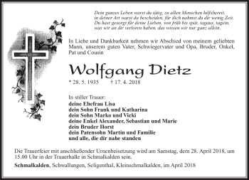 Traueranzeige von Wolfgang Dietz von Südthüringer Presse