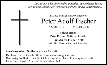 Traueranzeige von Peter Adolf Fischer von Neue Presse Coburg