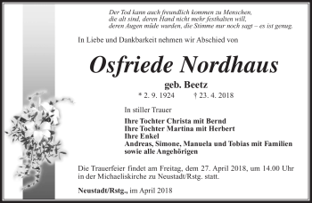 Traueranzeige von Osfriede Nordhaus von Südthüringer Presse