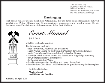 Traueranzeige von Ernst Mannel von Südthüringer Presse