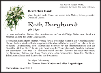 Traueranzeige von Ruth Burghardt von Südthüringer Presse