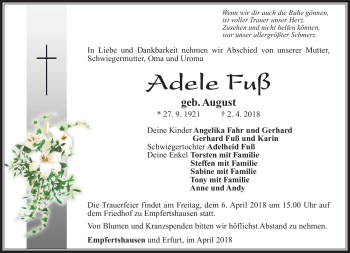 Traueranzeige von Adele Fuß von Südthüringer Presse